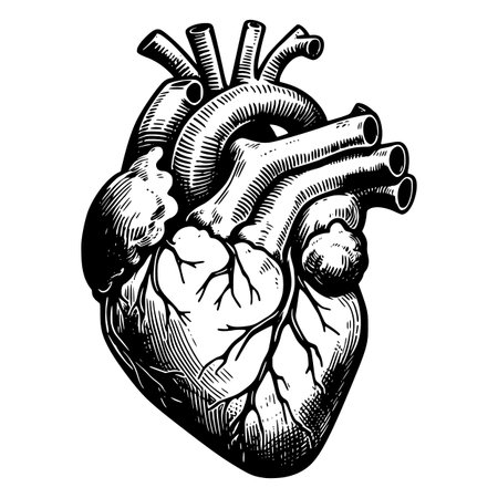 A detailed black and white illustration of an anatomical human heart. The image showcases the intricate details of the heart's structure, including the arteries, veins, and chambers, rendered in a vintage engraving styleのイラスト素材