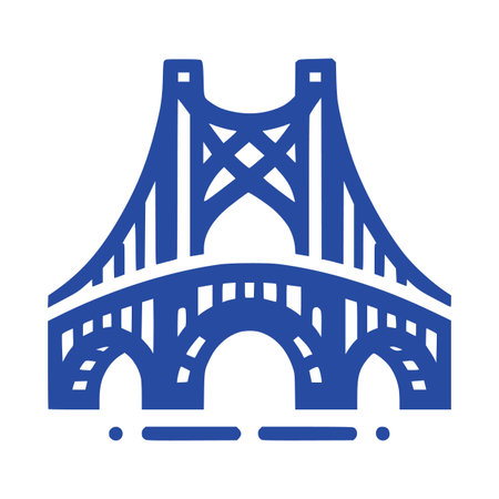 Modern blue bridge  icon featuring a stylized suspension bridge silhouette with clean geometric...