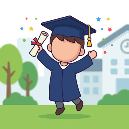 A cheerful and vibrant cartoon illustration of a graduate celebrating their achievement. The graduate, wearing a dark blue cap and gown, is jumping joyfully with a diploma in handのイラスト素材