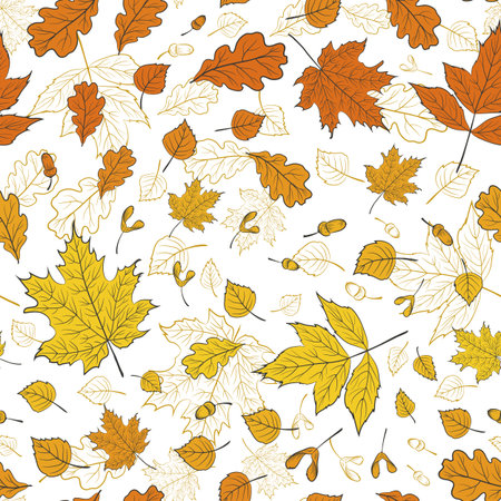 Seamless vector floral pattern with colorful autumn leaves on white background for fabric, textile or wallpaper design.のイラスト素材