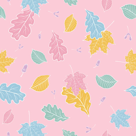Seamless floral pattern with pink, blue, yellow leaves scattered random in pastel colors for fabric designのイラスト素材