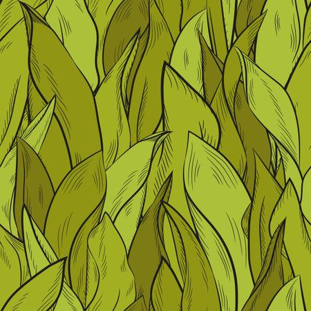 Seamless vector floral pattern with abstract leaves in monochrome green colors for fabric, textile, or wallpaper design.のイラスト素材
