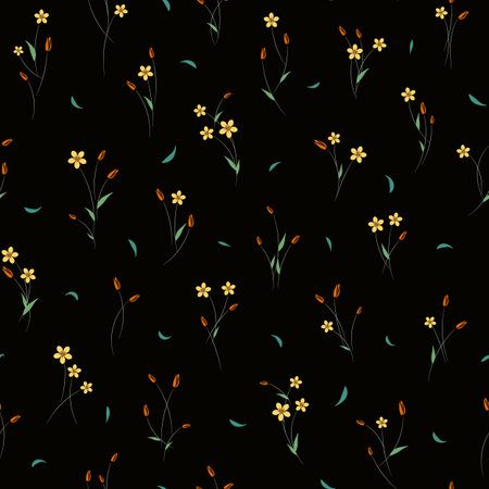Seamless vector floral pattern with tiny chamomile and tulip flowers on black background for fabric, textile, or wallpaper designのイラスト素材