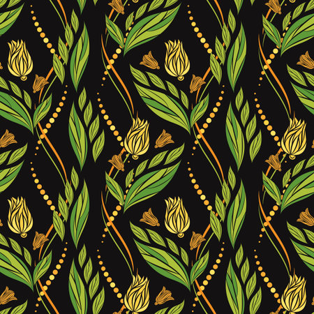 Seamless vector floral pattern with abstract flowers and leaves in gold and green colors on black background for fabric, textile, or wallpaper designのイラスト素材