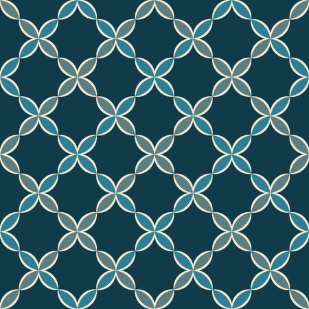 Seamless geometric pattern with abstract floral elements based on Arabic ornaments. Geometric checkered background in monochrome blue colors for fabric, textile, or wallpaper designのイラスト素材