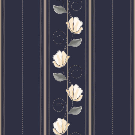 Seamless vector floral pattern with abstract flowers in blue and white colors. Striped background with embroidery and rhinestone imitation for fabric, textile, or wallpaper designのイラスト素材