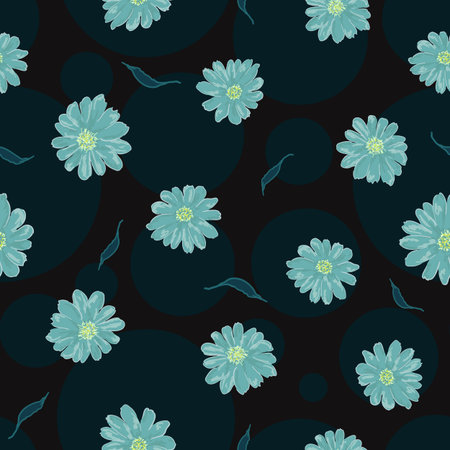 Seamless vector floral pattern with daisy flowers on polka dot background in blue and black colors. Ditsy print for fashion or wallpaper designのイラスト素材