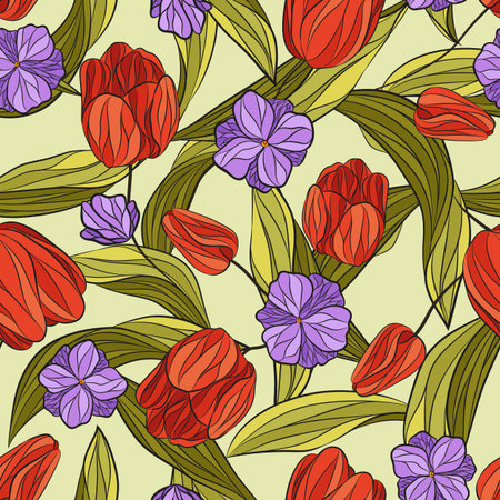 Seamless vector floral pattern with hand drawn tulip flowers in bright natural colors on light background. Ditsy floral print for fabric, fashion, or wallpaper designのイラスト素材