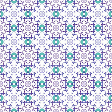 Seamless vector floral pattern based on Arabic geometric ornaments in pastel blue, purple, white colors. Endless abstract background for pack, fashion, or wallpaper designのイラスト素材