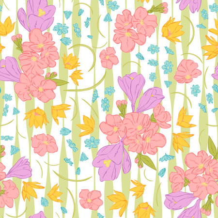 Seamless vector floral pattern with hand drawn abstract spring flowers in pastel pink, purple, white colors. Colorful endless background in boho style for fabric, textile, or wallpaper designのイラスト素材