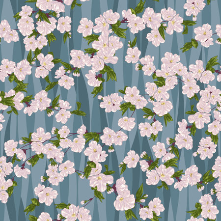 Seamless vector floral pattern with hand drawn cherry flowers in blue and white colors on wave background. Spring blossom print in asian style for fabric, textile, or wallpaper designのイラスト素材