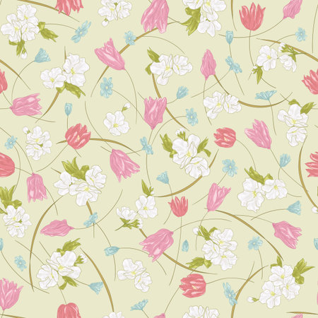 Seamless vector floral pattern with hand drawn spring flowers in pastel pink colors on light background. Ditsy print in sketch style for fabric, textile, or wallpaper designのイラスト素材
