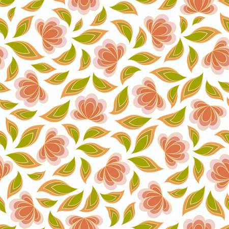 Seamless vector floral pattern with abstract flowers and leaves in red and green colors on white background. Ornate endless print in boho style for fabric, textile, or wallpaper designのイラスト素材