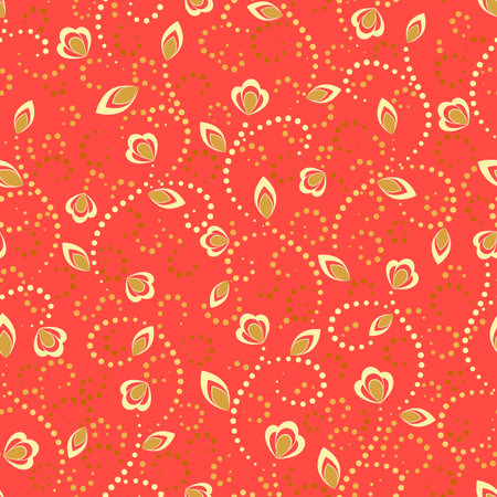 Seamless vector floral pattern with abstract flowers and leaves in gold colors on pink background. Colorful endless print in orient style for fabric, textile, or wallpaper designのイラスト素材