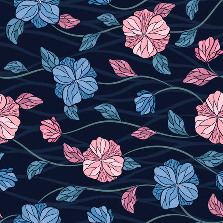 Seamless vector floral pattern with abstract tropical flowers in blue, pink, black colors on mosaic background. Colorful endless print in boho style for fabric, textile, or wallpaper designのイラスト素材