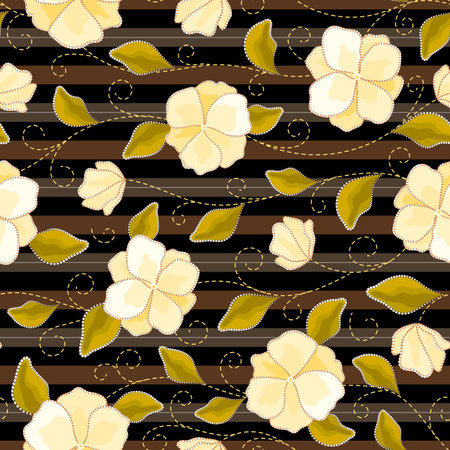 Seamless vector floral pattern with abstract flowers and stitching in black, brown, yellow, green colors on striped background. Colorful print in classic style for fabric, textile, wallpaper designのイラスト素材