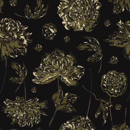 Seamless vector floral pattern with outline hand drawn peony flowers in monochrome colors on black background. Endless print in vintage style for fabric, textile, or wallpaper designのイラスト素材