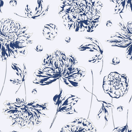Seamless vector floral pattern with outline hand drawn peony flowers in blue colors on white background. Endless print in modern style for fabric, textile, or wallpaper designのイラスト素材