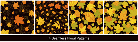 Set of seamless floral patterns with handdrawn colorful autumn leaves on black background. Bright fall collection for textile, package, or wallpaper designのイラスト素材
