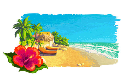 Quiet private sunny tropical beach landscape with palm trees, sunbeds, umbrella. Vector painting illustration.のイラスト素材