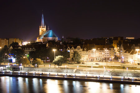 Szczecin, Poland city landscape by nightのeditorial素材