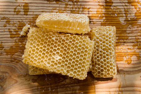 Pieces of fresh bee honey in honeycombs on a rustic tableの写真素材