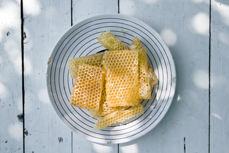 Fresh light bee in honeycombs on a white wooden rustic tableの写真素材
