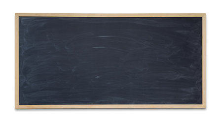 School horizontal clear chalkboard in thin wooden frame isolated on white background.の写真素材