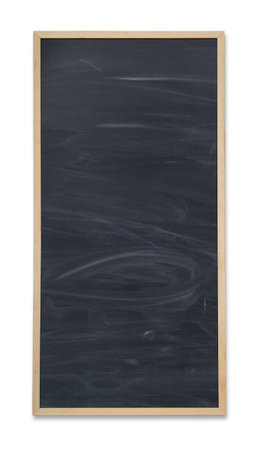 School vertical clear chalkboard in thin wooden frame isolated on white background.の写真素材