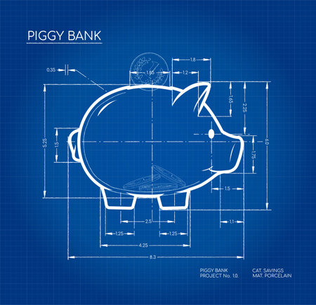 Project - blueprint scheme of piggy bank. Working sketch of money container in cute pig form with dimensions.の写真素材