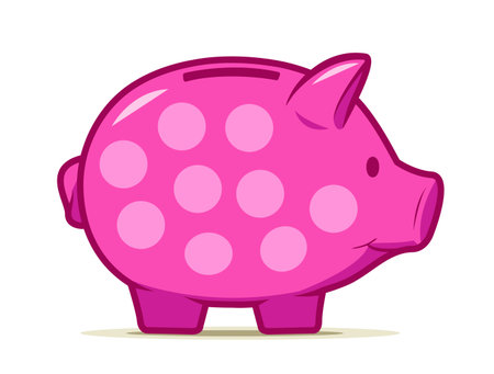 Cute pink piggy bank with dotted design. Drawing of isolated money container in shape of nice pig.の写真素材