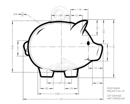 Project - pencil scheme of cute piggy bank. Working sketch of money container in pig form with dimensions.の写真素材