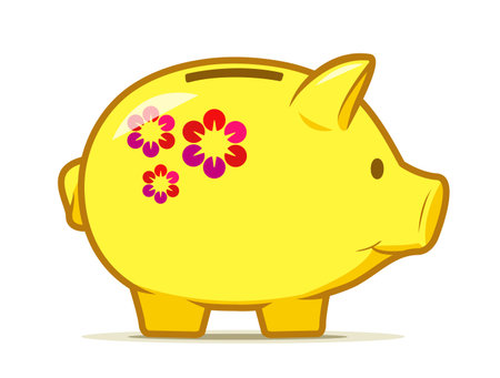 Cute yellow piggy bank with colorful flower design. Drawing of isolated money container in shape of nice pig.の写真素材