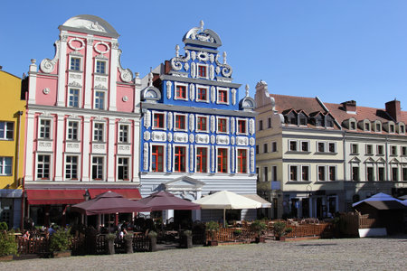 Buildings of Szczecin old town, west Poland, with renovated city market architecture.の写真素材