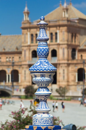 Elements of architecture of Plaza de Espana Palace in park of Maria Luisa in Seville Spain.のeditorial素材