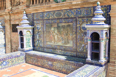 Tiled provincial alcoves at Plaza de Espana in park of Maria Luisa in Seville Spain.のeditorial素材