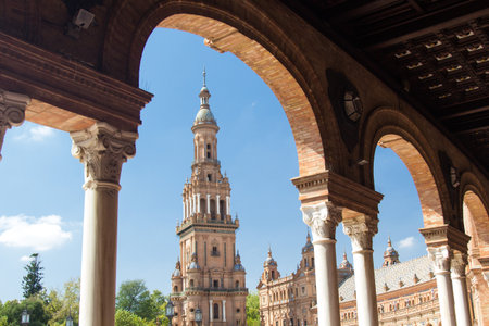 Elements of architecture of Plaza de Espana Palace in park of Maria Luisa in Seville Spain.のeditorial素材