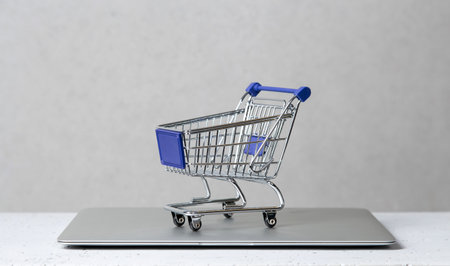 Small size shopping cart standing on the laptop computerの写真素材
