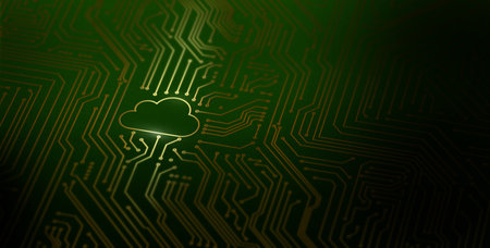 A pattern of printed circuit board with cloud icon. Gold pattern on green backgroundの写真素材