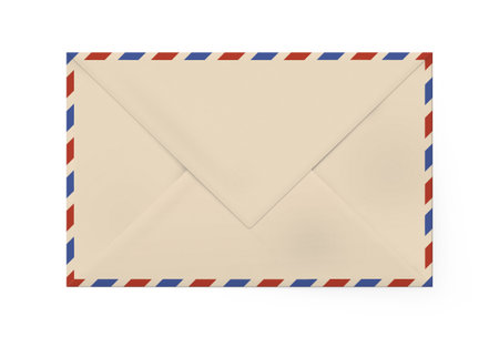 Old yellow paper envelope for letter - American Air Mail style with blue and red border. Back side of envelope.の写真素材