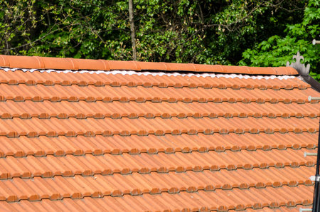 building: detail of the roof of a house, with "Marseillaise" tiles, evident the pitch and the ridge line and the sheaths under the ridge tiles.の写真素材