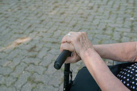 elderly person with cane, leg support with the cane useful for walking in the park, walking problems, arthrosis.の写真素材