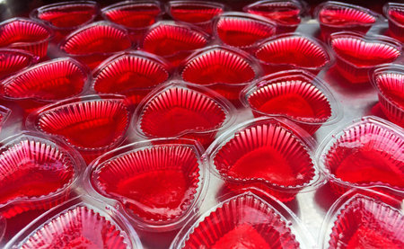 Red heart jelly dessert  selection focus pointの写真素材