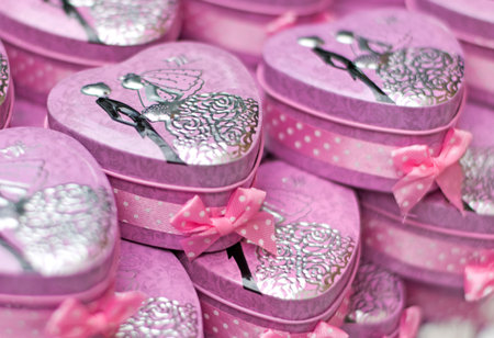 Gift box heart pink color for wedding valentine dayの写真素材