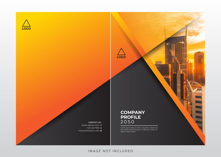 corporate company profile, annual report cover. Brochure design template with orange and black triangles. Cover layout, annual report, magazine, flyer.のイラスト素材