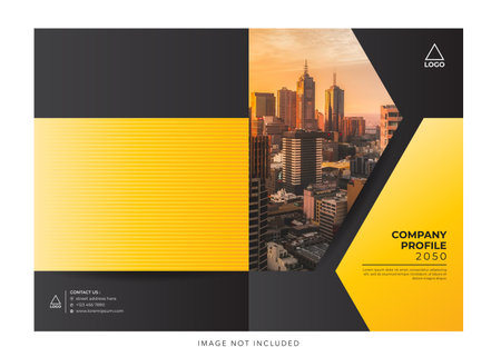 corporate company profile, annual report cover. Annual report brochure design template with yellow and black elements.のイラスト素材