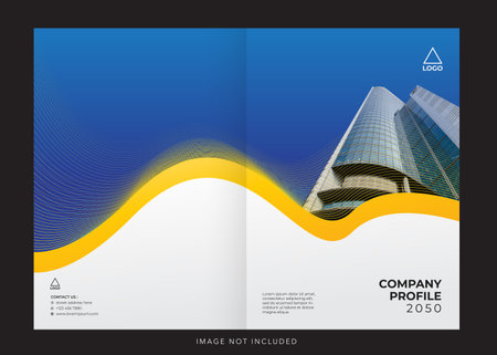 corporate company profile, annual report cover. Vector brochure design template with yellow and blue waves. Cover layoutのイラスト素材