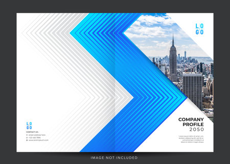 corporate company profile, annual report cover. Brochure template layout, cover design annual report, magazine, flyer or booklet in A4 with blue stripes and modern city background.のイラスト素材