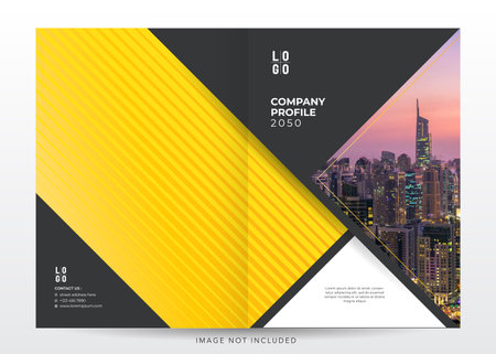 corporate company profile, annual report cover. Brochure template layout, cover design annual report, magazine, flyer or booklet in A4 with yellow triangles and city backgroundのイラスト素材
