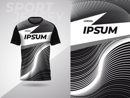 black white abstract sports jersey football soccer racing gaming motocross cycling running. T-shirt mockup template, Abstract lines pattern on a soccer jerseyのイラスト素材
